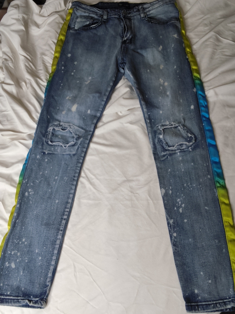 Aime Leon Dore Slim Blue Jeans with Green-to-Blue Gradient Side Stripe
